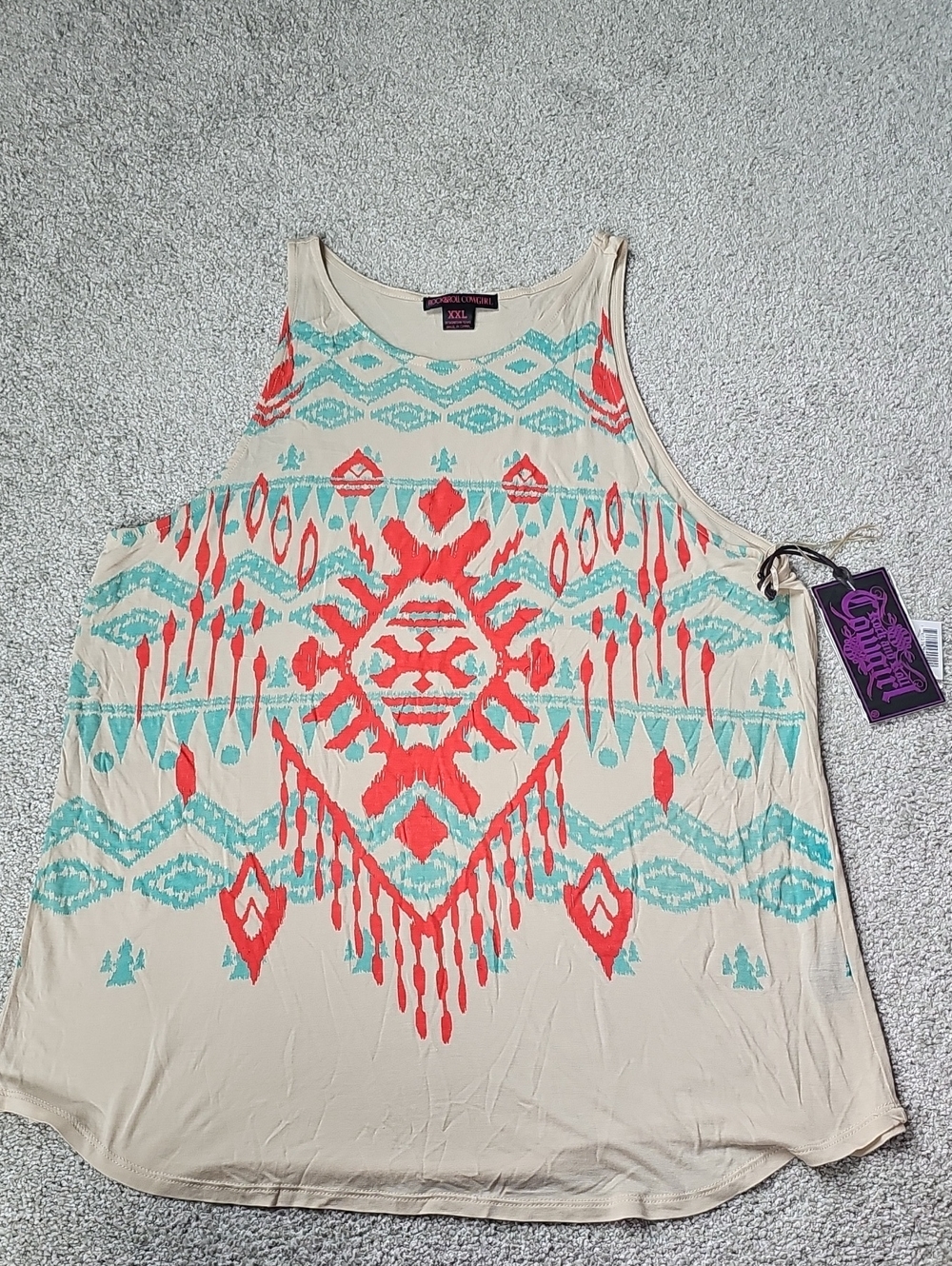Rock & Roll Coowgirl Coral & Teal Geometric Print Tank